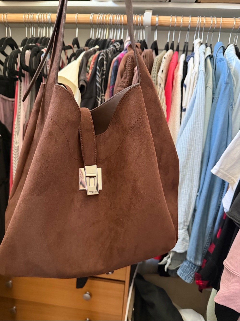 DKNY Brown Suede Shoulder Bag with Silver-Tone Clasp